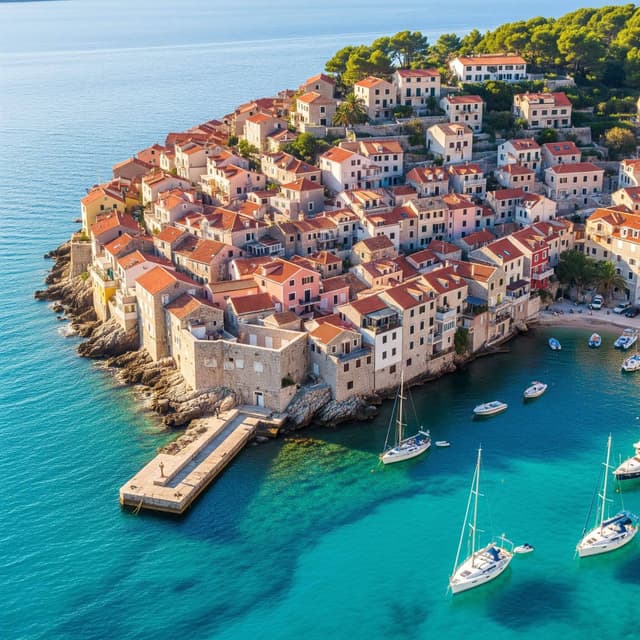 Picturesque aerial view of the coastal town of Primošten, Croatia, situated on a small peninsula with red-roofed houses surrounded by the Adriatic Sea.