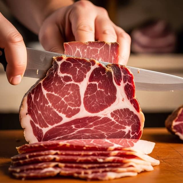 Close-up of a hand skillfully slicing thin pieces of traditional Drniš pršut, a famous Croatian cured ham from Central Dalmatia.
