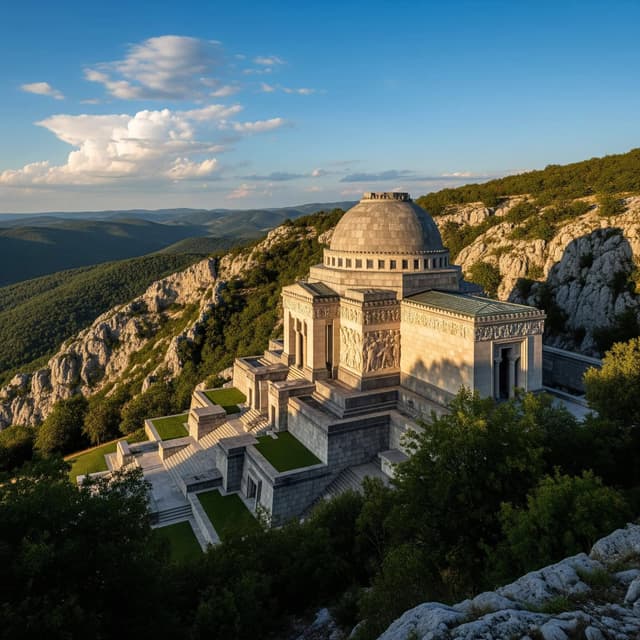 The impressive Ivan Meštrović Mausoleum, a masterpiece of Croatian sculpture and architecture, set in the dramatic landscape of the Dalmatian hinterland near Drniš.