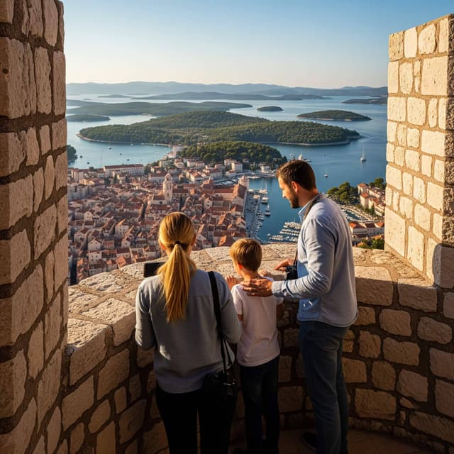 Family exploring St. Michael's Fortress with a panoramic view of Šibenik