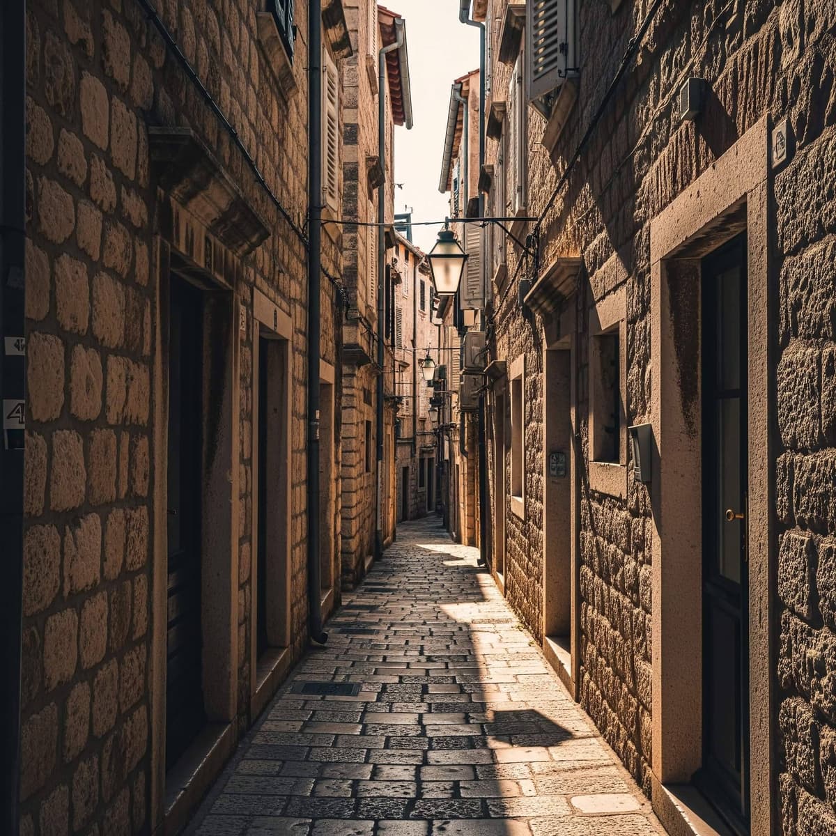 A narrow stone alley in the historic Old Town of Šibenik, Croatia, with sunlight casting long shadows on the cobblestones.